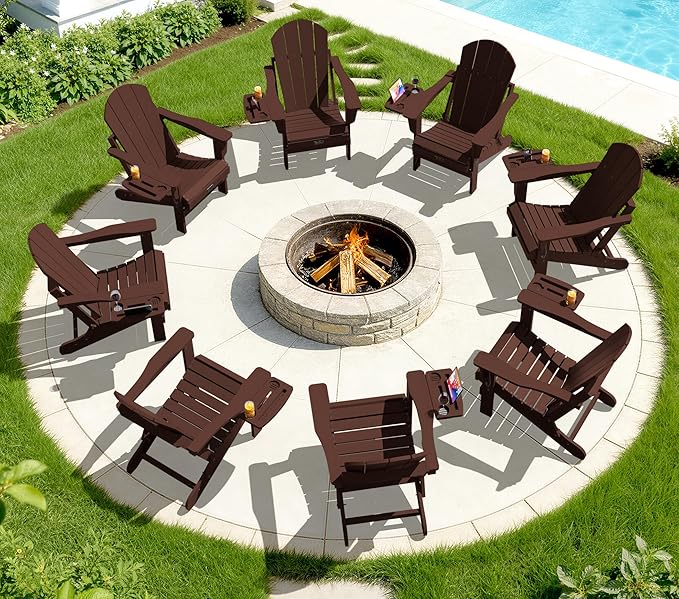 SERWALL Folding Adirondack Chair Set of 2, HIPS Adirondack Chairs with 4 in 1 Cup Holder, Weather Resistant Plastic Chairs for Patio Garden Outdoors Fire Pit-Coffee