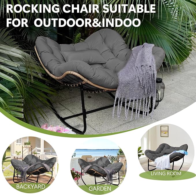Patio Rocking Chair, Oversized Papasan Rocking Chair with Cushion and Frame for Indoor& Outdoor, Deep Seat Egg-Shaped Rocker Chair for Garden, Deck, Living Room, Grey