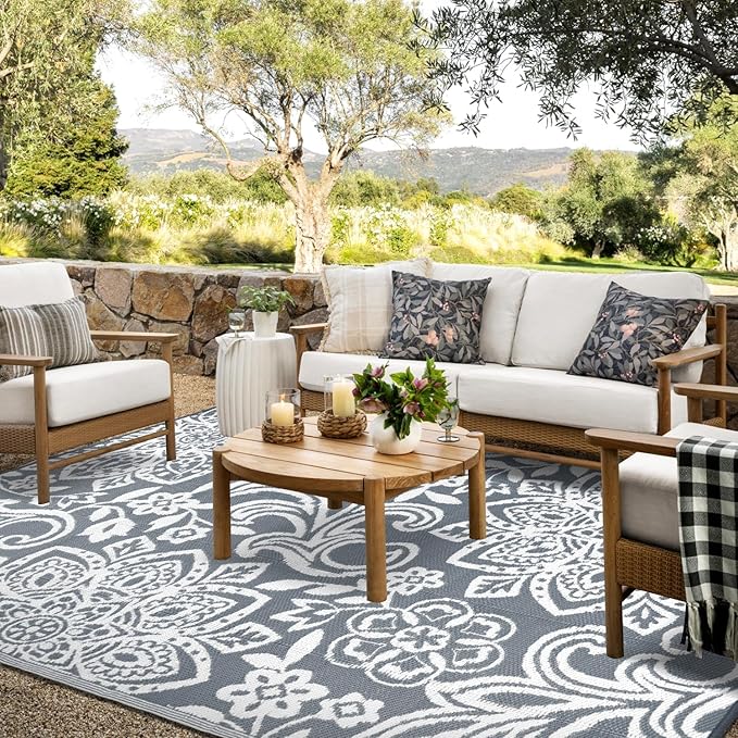 Findosom Waterproof Outdoor Rug 9' x 12' - Reversible Mandala Outdoor Plastic Straw Rug, Durable Foldable Patio Rug for RV, Deck, Balcony, Backyard, Picnic, Porch, Camping, Beach, Gray