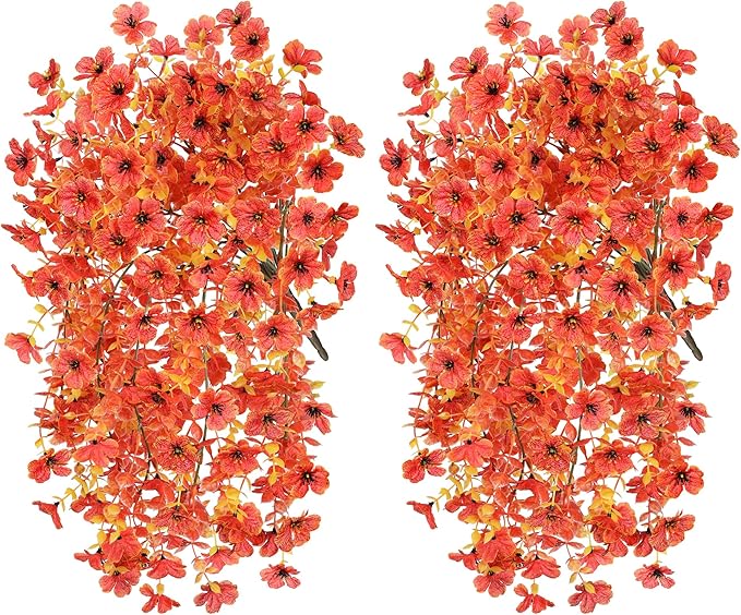 HyeFlora Fall Artificial Flowers for Outdoors Fake Silk Flower, 2Pcs Red Orange Daisy Autumn Decor, Realistic Hanging Decoration Plants, UV & Fading Resistant for Porch Patio Balcony Planter