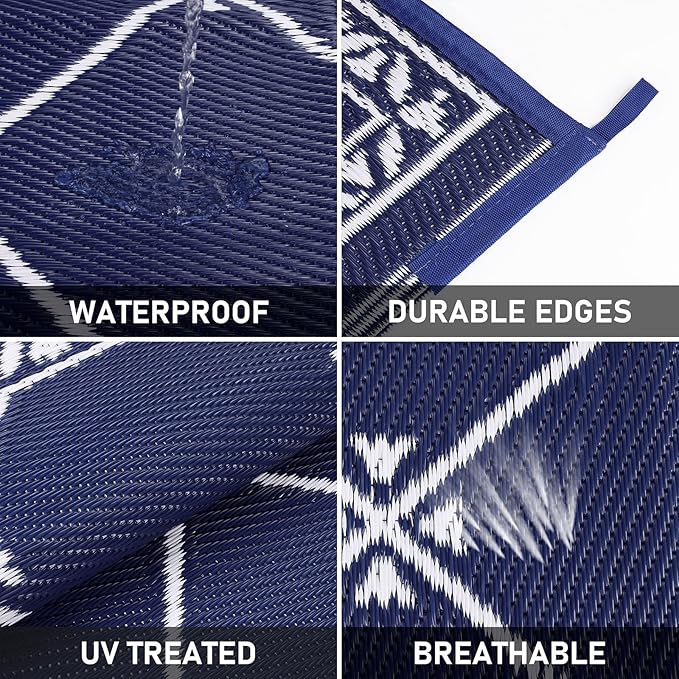 HiiARug Outdoor Rug 8'x10' for Patios Waterproof Patio Rugs Outdoor Mats for Front Porch,Beach Mat,Reversible Plastic Straw Camping Rugs for Outside RV,Deck,Balcony,Backyard Navy Blue
