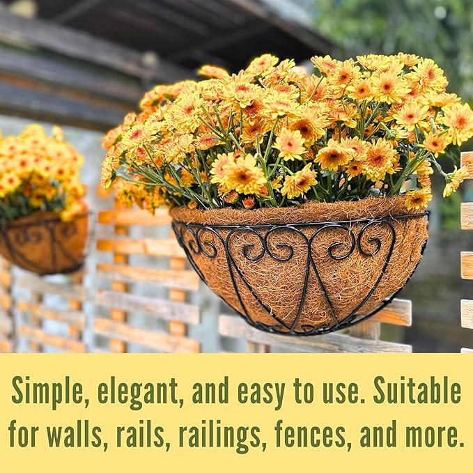LaLaGreen Outdoor Wall Planters (2 Pack, 16 Inch) Black Metal Wall Mounted Hanging Basket with Coco Liner, Large Flower Pot Plant Holder Planter for Fence Railing Deck Porch Balcony Modern Home Decor