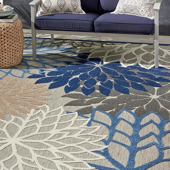 Nourison Home Aloha Indoor/Outdoor Blue/Multicolor 7' x 10' Area Rug, Easy Cleaning, Non Shedding, Bed Room, Living Room, Dining Room, Deck, Backyard, Patio (7x10)