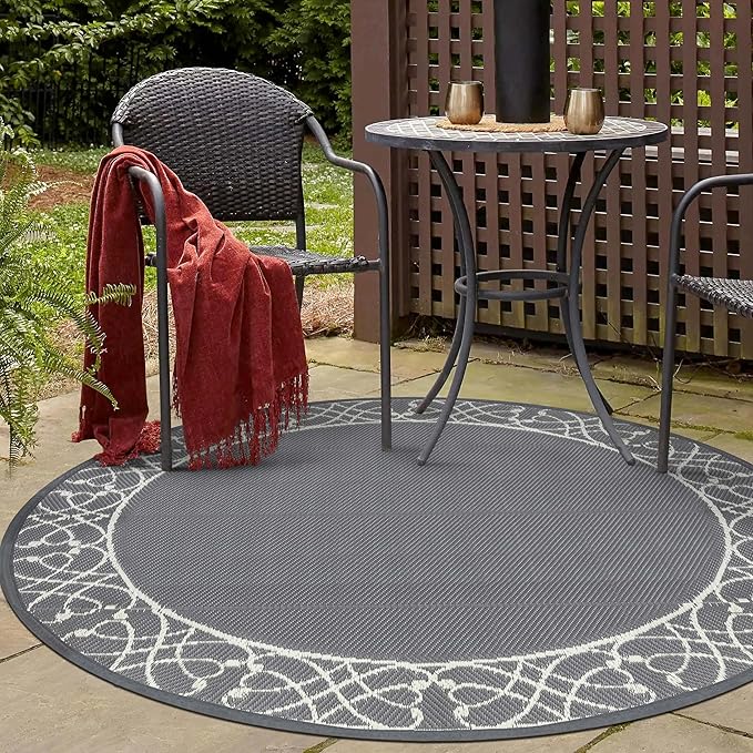 Nuuu Garden Round Outdoor Rug Reversible Patio Rug, 5'x5' Outdoor Plastic Straw Rug, Round Indoor Outdoor Rugs for Garden, Balcony, Picnic, RV, Gray & Light Beige