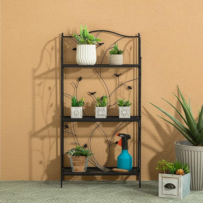 glitzhome Plant Stand Metal Rack 3 Tier Flower Pot Organizer Multiple Holder Shelf for Indoor Outdoor Garden, Black