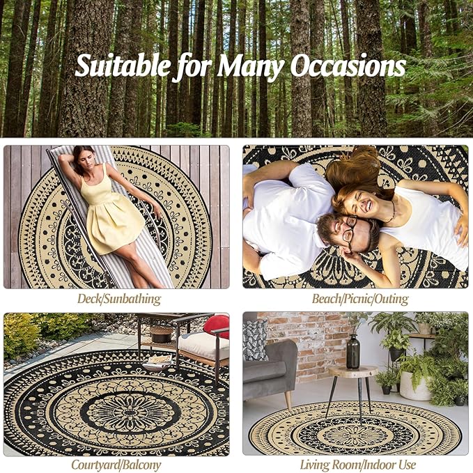 Cekene Round Outdoor Patio Rugs 10Ft Waterproof Reversible Outdoor Rugs with Carry Bags Lightweight Plastic Straw Rugs Portable RV Camping Mat Blue Floor Carpet for Deck Porch Picnic BBQ