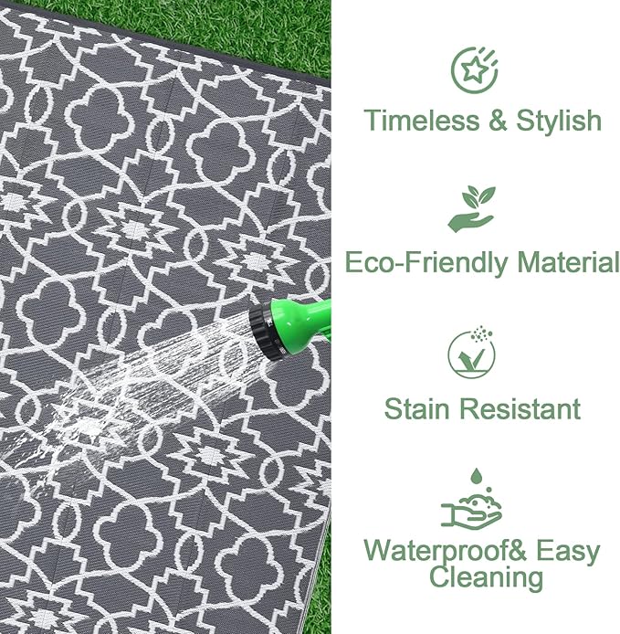 GAOMON Outdoor Rug Waterproof 8x10 Modern Camping Carpet for Patio, UV-Resistant Outdoor Plastic Straw Rug, Geometric Floral Reversible Floor Mats for Picnic, Porch, Deck, Beach, Grey/White(Floral)