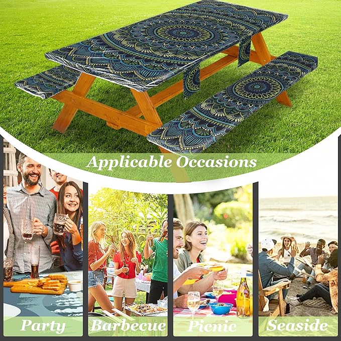 Picnic Table Cover with Bench Covers Vinyl Elastic Edges Fitted Rectangle Seat Tables Waterproof 3-Piece72X30in Set Outdoor Rectangular Folding Backing Tablecloth for Camping Over Size