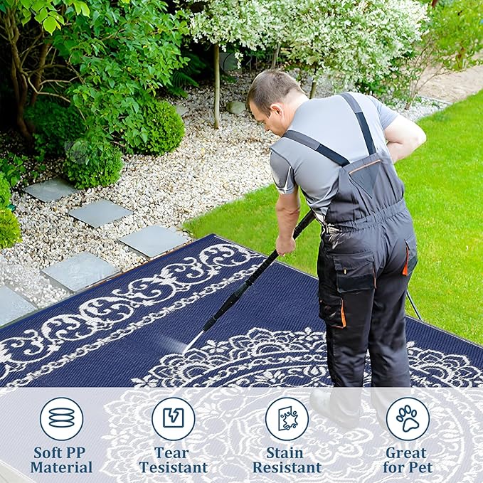 GAOMON Large Outdoor Rugs for Patio 9x18 Portable Outdoor Carpet, Reversible Plastic Straw Camping Mat, Waterproof Outside Rug for RV, Porch, Deck, Balcony, Beach, Navy/White(Medallion)
