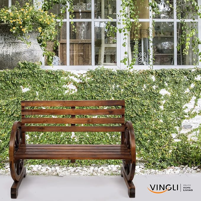VINGLI 41" Rustic Outdoor Wooden Bench, 2-Person Patio Wagon Wheel Bench with Slatted Seat, Weather Resistance Garden Benches for Outdoors 350lbs High Capacity for Yard Porch Ourdoor Decor
