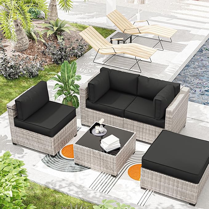 Outdoor Cushions for Patio Furniture with 5 Pillows, Waterproof Patio Furniture Cushions Replacement, 4" Deep Seat Outdoor Sectional Cushions for 4-seat Patio Furniture Chair Sofa Couch,Black