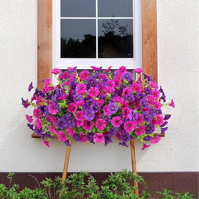 Artificial Flowers for Outdoors Decoration, 12 Bundles Fake Plastic Flower Plant, Faux Colorful Silk Morning Glory Petunias for Spring Summer Outside Garden Porch Front Door Decor, Purple