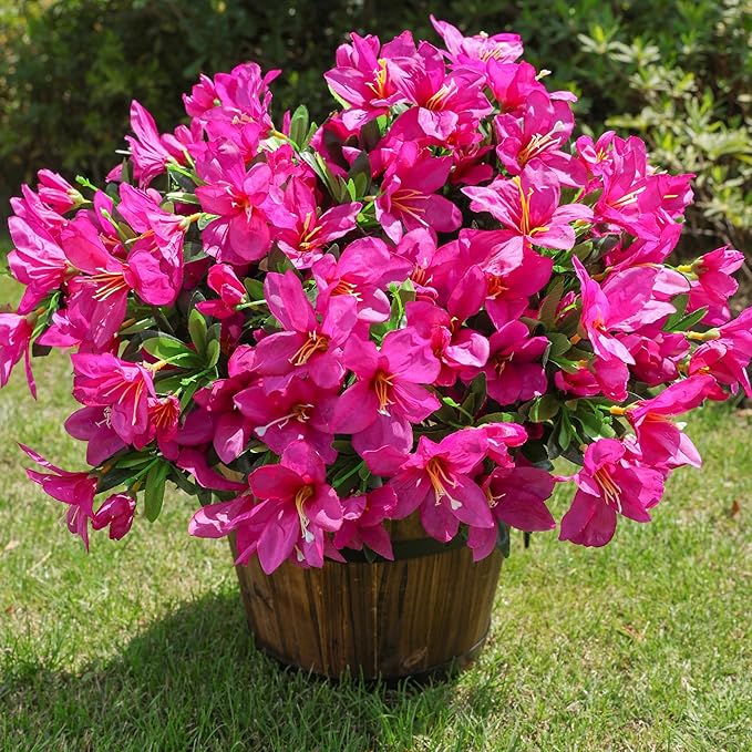 INSPRING Artificial Fake Flowers for Outdoors Spring Outside Decoration, 3 Bundles Silk Azalea Faux Plants UV Resistant Realistic Outdoor Flowers for Planter Porch Patio Garden Walkways Home, Fuchsia