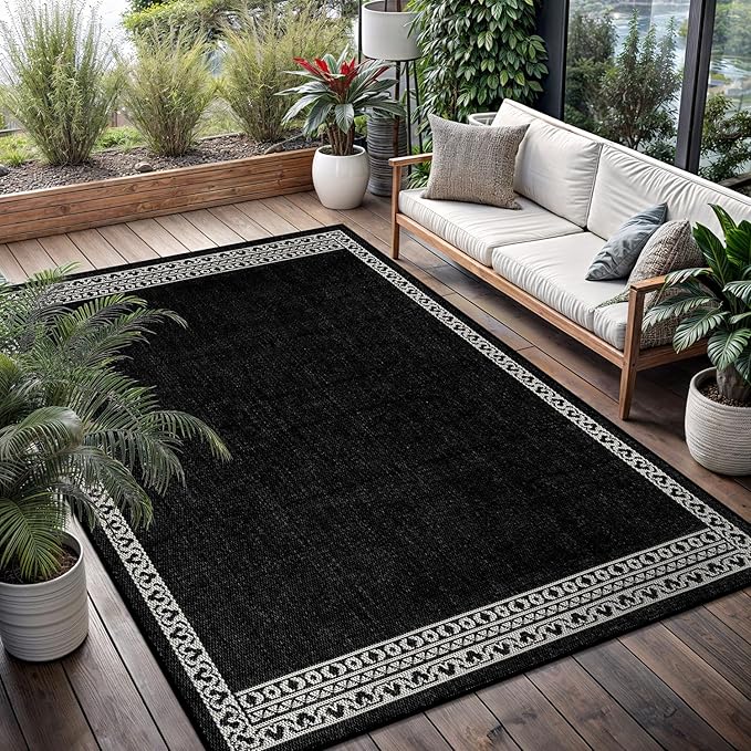 Washable Outdoor Rug 8x10 Modern Area Rugs Outdoor Carpets Bordered Pattern Non Shedding Waterproof Easy Clean Patio Deck Porch Living Room Bedroom Garden RV (8 X 10 Black)