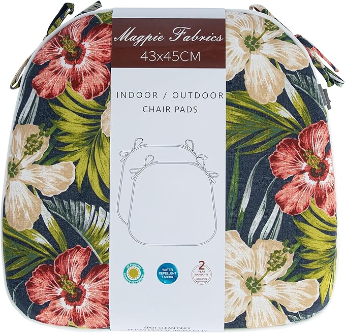 Magpie Fabrics Outdoor/Indoor 17"x16"x2" Chair Cushions with Ties Set of 2, Waterproof All Weather U-Shape Seat Pads Decoration for Patio Garden Furniture Home Office (Midnight Floral)
