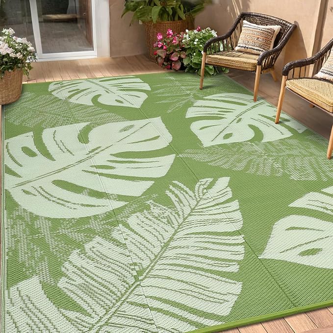 COZYLOOM Outdoor Patio Rug 8x10 Waterproof Plastic Straw Rug Reversible UV Resistant Camping Mat, Foldable Lightweight RV Picnic Mat with Portable Bag, Modern Outdoor Carpet for Yard, Sage Green