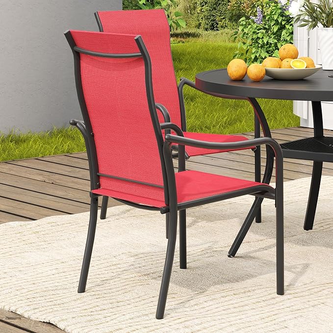 VICLLAX Patio Stackable Dining Chairs Set of 4, Outdoor Sling Chairs with Breathable Fabric and High Back for Balcony Porch Backyard, Red