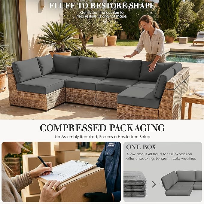 Outdoor Replacement Cushions for Patio Furniture, 5" Foam High-Density, 14-Piece Water-Resistant Outdoor Cushion for 6-Seat Sectional Patio Conversation Sets, Liner&Cover