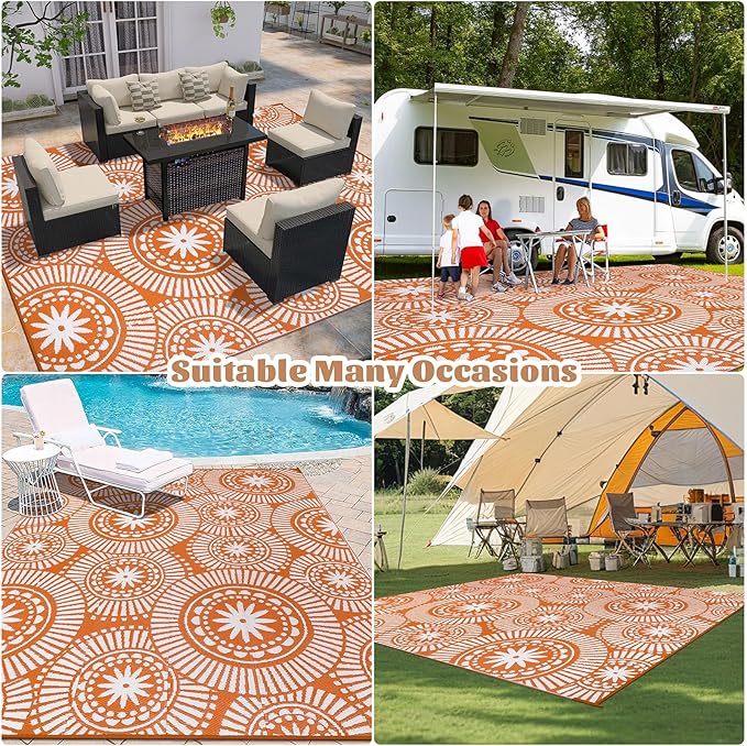 Ileading Large Plastic Outdoor Rug 9x12ft Modern Geometric Style Reversible Patio Area Rugs Waterproof Non Shedding Portable Carpets for Rv Outside Deck Pool Beach Picnic Camping (Orange)