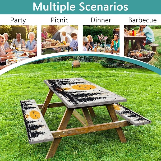 3PCS Picnic Table Cover with Bench Cover Forest Sunset Silhouette Wooden Patten Camping Tablecloth Fitted Picnic Table Cover with Elastic Windproof Waterproof Outdoor & Garden Camping Accessories 60IN