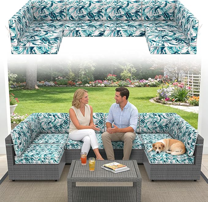 14 Pcs Outdoor Replacement Cushions for Patio Furniture, All Weather Water Resistant Cushion for 6 Seat Rattan Wicker Sectional Patio Conversation Sets and Couch (Lelf)