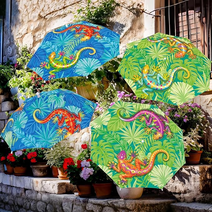 4 Pack Plant Umbrellas for Outdoor Plants, Upgraded Joints-enhanced Wind Resistance, Adjustable Height, Large Garden Umbrella Shade for Potted Plants Bed Flower Pot(Jungle Lizard)