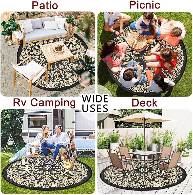 Homcomoda Round Outdoor Patio Rug, 6Ft Waterproof Indoor/Outdoor Area Rug, Black/Brown, 71" Diameter, Leaf Pattern, Machine Made, Low Pile, Foldable, Reversible, Lightweight, Spot Clean Only
