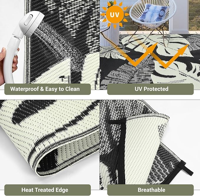9x12 Outdoor Rug Waterproof Foldable Plastic Straw Carpet for Patio Porch Modern Leaf Print Reversible Mat Lightweight Floor Mat for Picnic, Rv, Beach, Deck, Camper, Balcony,Black/Beige