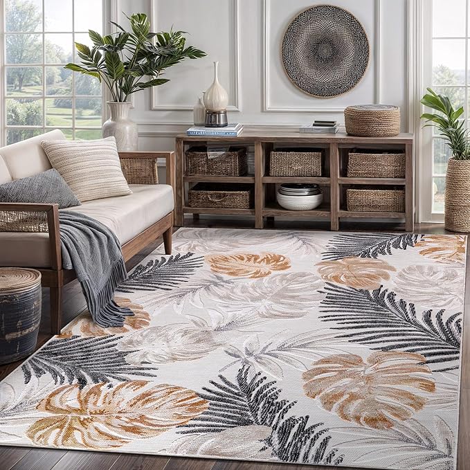 CAMILSON Indoor Outdoor Rug, Yellow 5x7 Leaf Tropical Botanical Area Rugs for Indoor and Outdoor patios, Easy-Cleaning Non-Shedding Living Room, Garden and Kitchen Washable Outside Carpet (5 x 7)