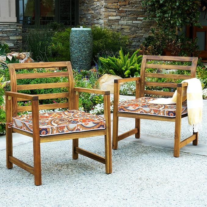 GUEGLSA Patio Seat Cushions 18 inch,Waterproof Square Chair Pad with Ties,18''x18'' Indoor Outdoor Chair Cushion for Garden Furniture,Set of 2,Orange Paisley