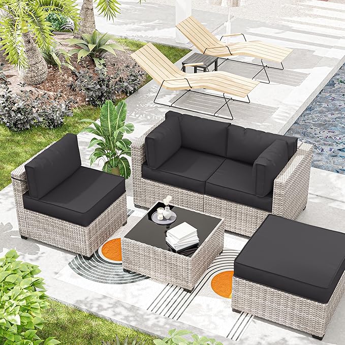 Outdoor Cushions for Patio Furniture with 5 Pillows, Waterproof Patio Furniture Cushions Replacement, 4" Deep Seat Outdoor Sectional Cushions for 4-seat Patio Furniture Chair Sofa Couch,Grey