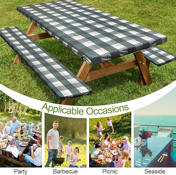 Picnic Table Cover with Bench Covers 6FT 3 Pcs Waterproof Windproof Aesthetic Camping Tablecloth with Drawstring Bag, Fitted for 6 Foot Rectangle Tables and Seats, 72 inch, Blue Green Checkered