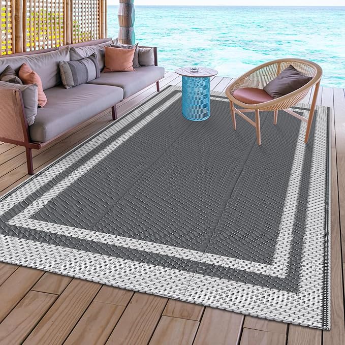 HappyTrends,Outdoor Rug,Patio Rug,Reversible Portable Outdoor Plastic Straw Rug,Camping Rugs for Outside RV,Large Waterproof Area Rugs for Patio,Deck,Picnic,Porch,Balcony(4'x 6',White&Gray)