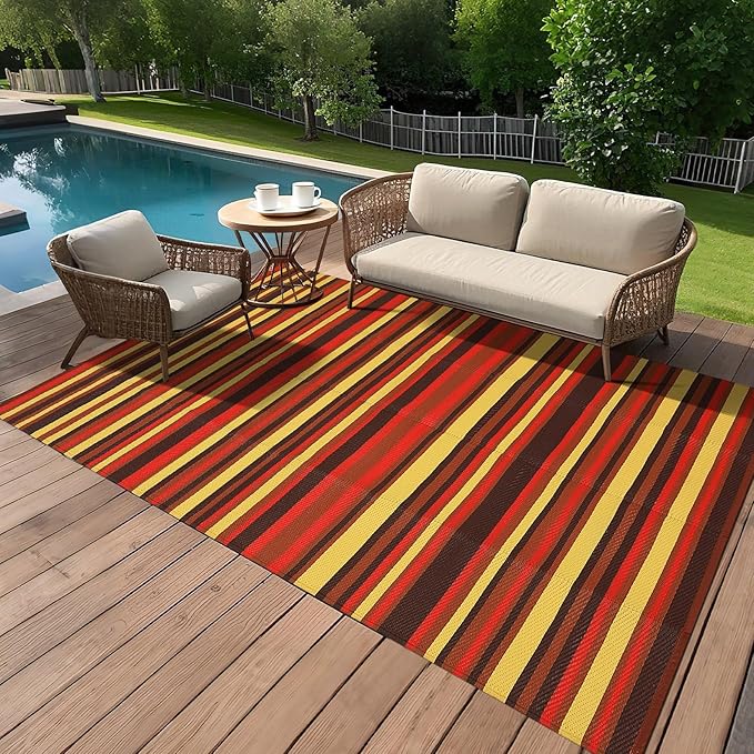 Waterproof Plastic Straw Outdoor Rug 9x18 Patio Reversible UV Resistant Foldable Camping Carpet Colorful Line Large Outdoor Rugs for Deck, Picnic, Porch, Camper, Balcony, Beach,Orange/Red