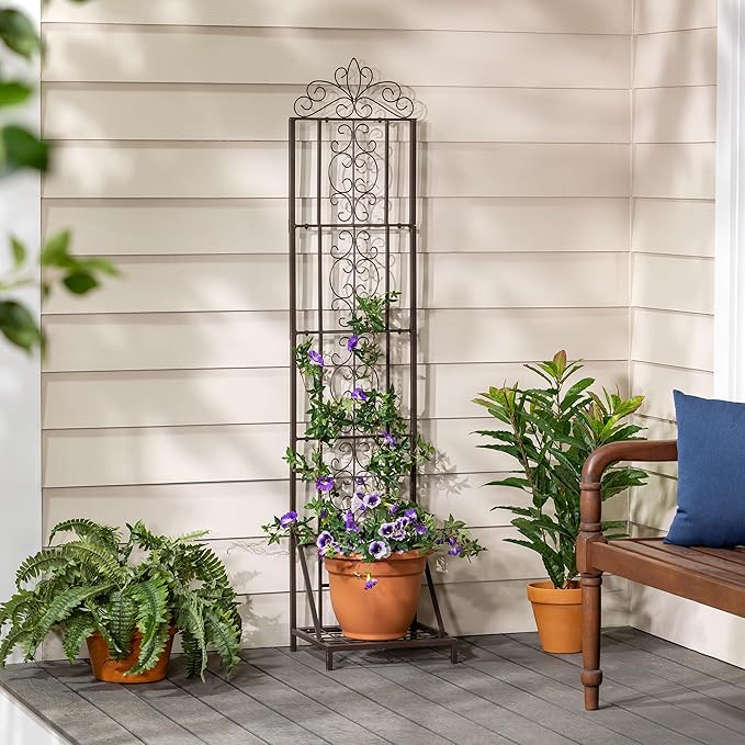 Evergreen Garden Montebello Metal Plant Stand with Lattice Trellis for Climbing Plants, Floor Tall Plant Stand Indoor and Outdoor for Patio, Porch, Garden