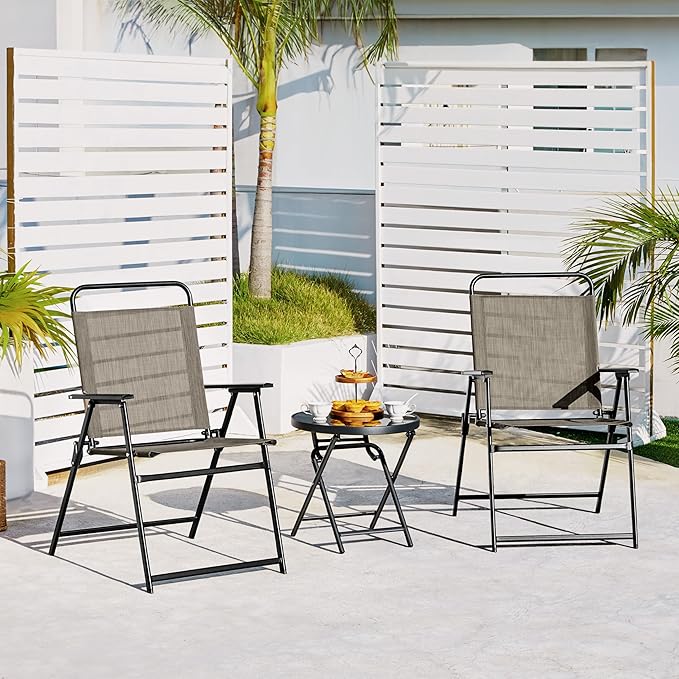 Yaheetech Outdoor Patio Chairs Set of 4, Folding Patio Chairs with Metal Frame, Armrests, Portable Dining Chairs for Camping, Lawn, Garden and Porch, Brown