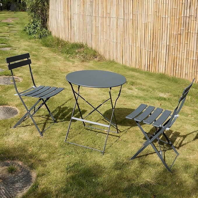 3 Piece Bistro Set, Folding Patio Furniture Set, Outdoor Table and Chairs Set for Patio, Garden, Balcony and Poolside, Grey