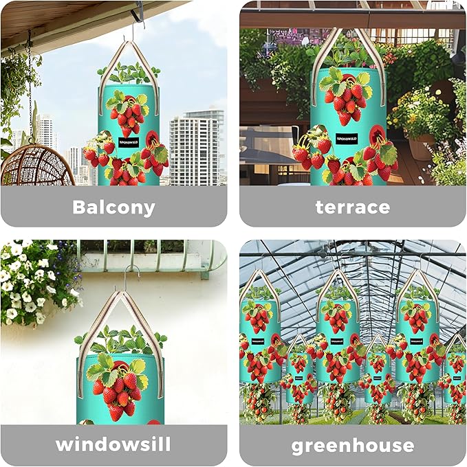 3 Pack Hanging Strawberry Planter Bags, 10 Gallon Hanging Grow Bags with Bottom Planting Hole, Thickened PE Strawberry Pot for Vegetables Herbs Tomatoes