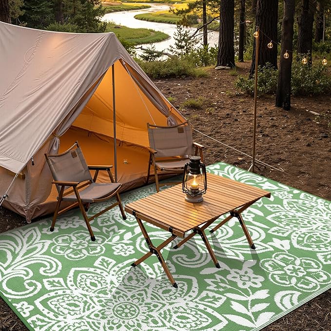 Findosom Waterproof Outdoor Rug 8' x 10' - Reversible Mandala Outdoor Plastic Straw Rug, Durable Foldable Patio Rug for RV, Deck, Balcony, Backyard, Picnic, Porch, Camping, Beach, Green