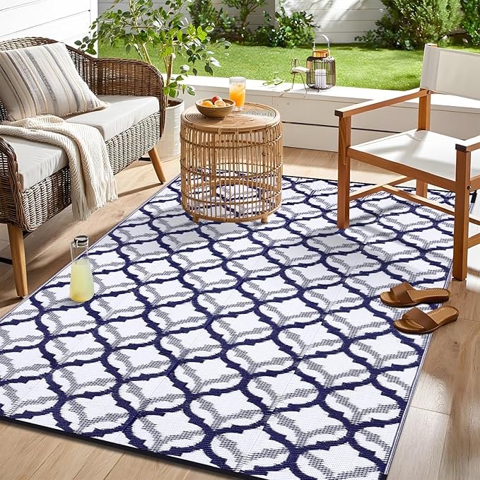 OLANLY Reversible Outdoor Rug 9x12 ft Clearance, Waterproof Outdoor Plastic Straw Rug with Interlacing Pattern, RV Mat for Patio, Camping, Balcony, Deck, Backyard, Navy & White
