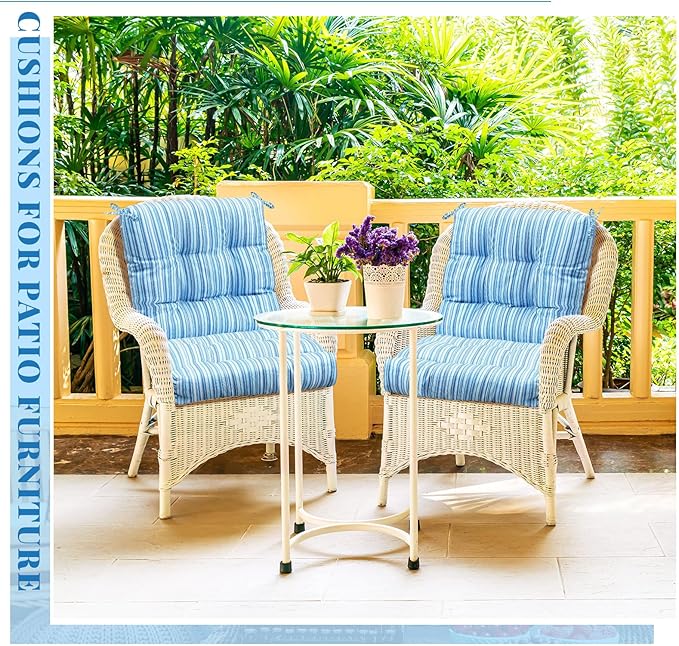 Marsui 4 Pcs Outdoor Indoor High Back Chair Cushions Patio Furniture Tufted Pillow with Ties All Weather Replacement Outdoor Rocking Chair Cushions, 42 x 21 Inches (Blue Stripes)
