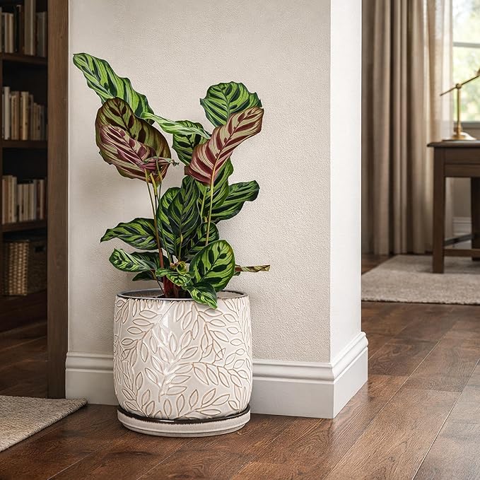 D'vine Dev 8 Inch Embossed Leaves Stoneware Planter Pot with Drainage Hole and Saucer, Smoked White, 27-A-Q-1