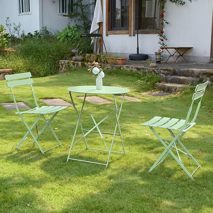 3 Piece Bistro Set, Folding Patio Furniture Set, Outdoor Table and Chairs Set for Patio, Garden, Balcony and Poolside, Green