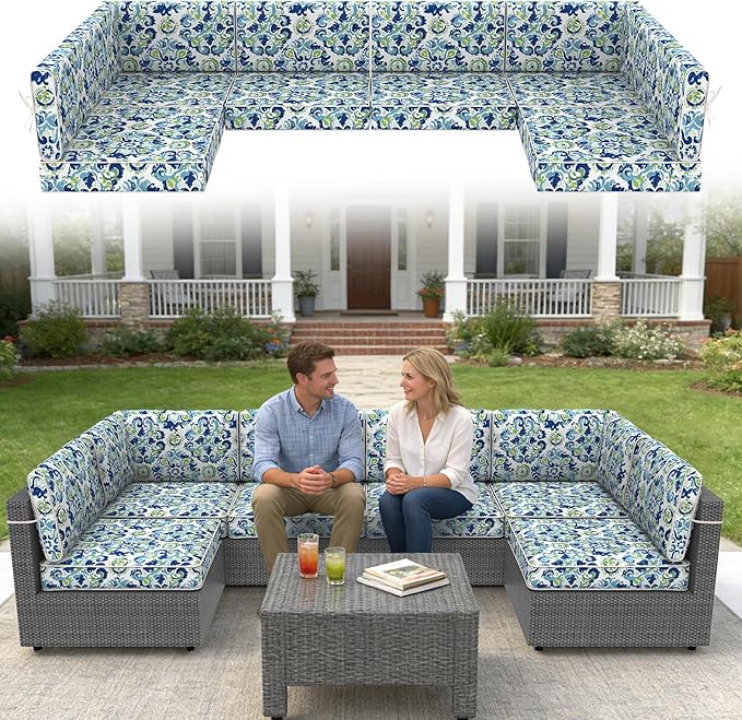 14 Pcs Outdoor Replacement Cushions for Patio Furniture, All Weather Water Resistant Cushion for 6 Seat Rattan Wicker Sectional Patio Conversation Sets and Couch (Summer Ocean)