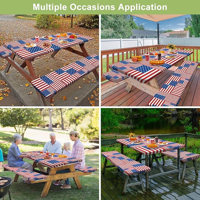 Picnic Table Cover with Bench Covers Camping Essentials Waterproof Windproof Camping Tablecloth with Drawstring Bag, Fitted Rectangle Tables and Seats, 96in, Red Blue White