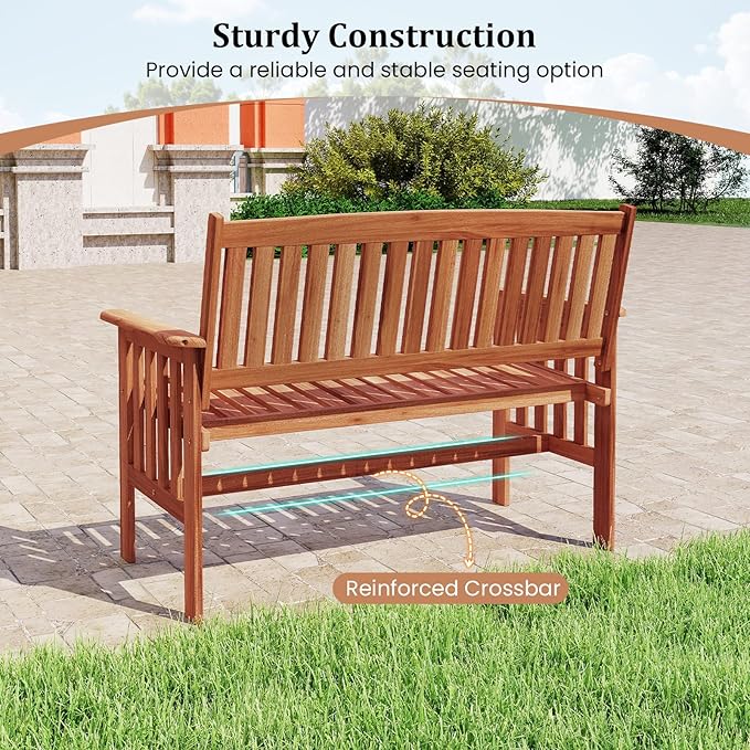 Tangkula Outdoor Wood Garden Bench, 2-Person Patio Park Bench with Backrest, Armrests and Slatted Seat, Outside Loveseat Furniture for Front Porch, Balcony, Deck and Yard