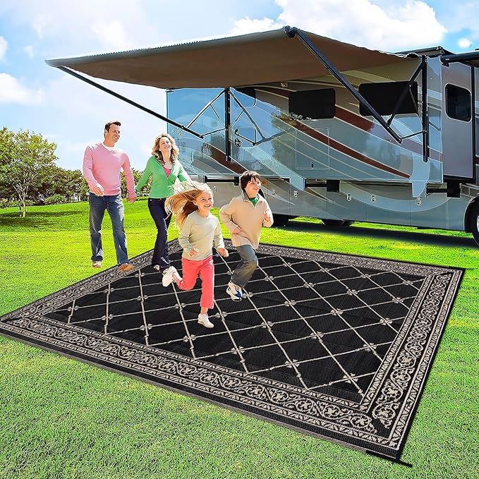 HiiARug Outdoor Rug 8'x10' for Patios Waterproof Patio Rugs Outdoor Mats for Front Porch,Beach Mat,Reversible Plastic Straw Camping Rugs for Outside RV,Deck,Balcony,Backyard,Black&Beige