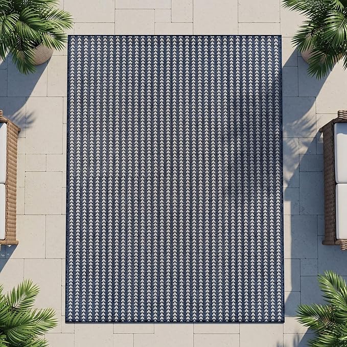 Washable Outdoor Rug 8x10 Modern Area Rugs Outdoor Carpets Striped Pattern Non Shedding Waterproof Easy Clean Patio Deck Porch Living Room Bedroom Garden RV (8 X 10 Navy)
