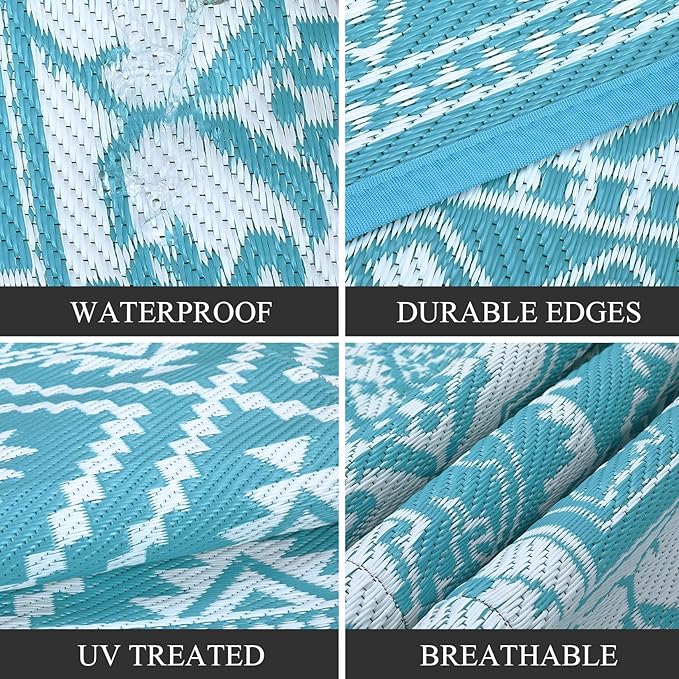 GAOMON Outdoor Waterproof Rug 9x12 Reversible Plastic Straw Rug Modern UV Resistant Carpet, Large Foldable Lightweight Floor Mat for Backyard, Camping, Bench, Picnic, Deck, Teal/White(Modern)