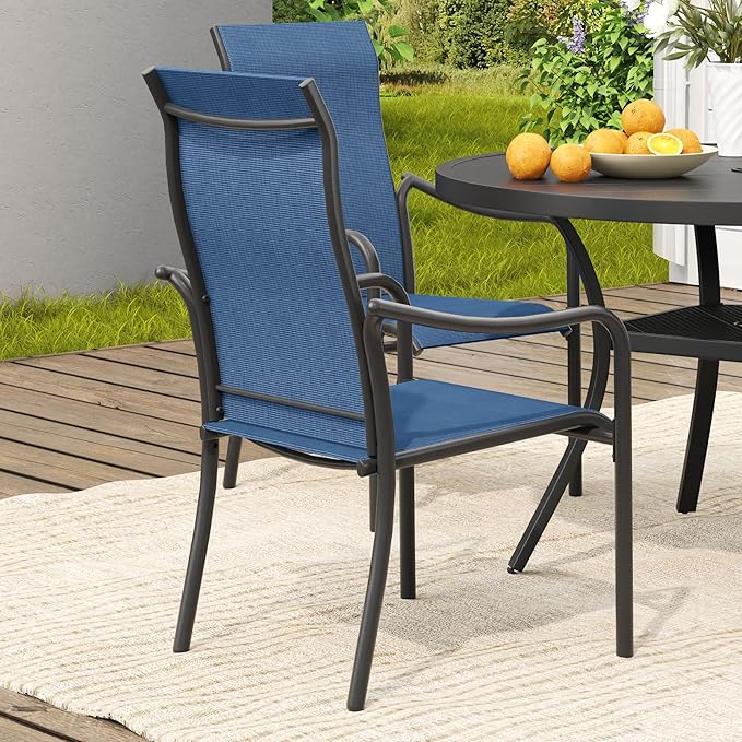 VICLLAX Patio Stackable Dining Chairs Set of 4, Outdoor Sling Chairs with Breathable Fabric and High Back for Balcony Porch Backyard, Dark Blue